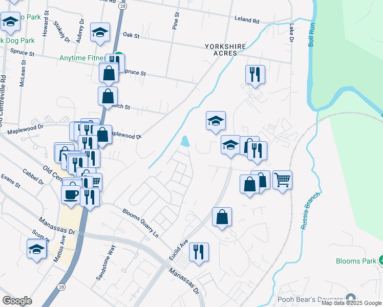 map of restaurants, bars, coffee shops, grocery stores, and more near 8179 Glade Bank Drive in Manassas