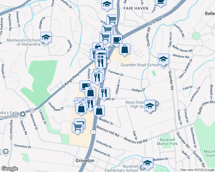 map of restaurants, bars, coffee shops, grocery stores, and more near 6425 Richmond Highway in Alexandria
