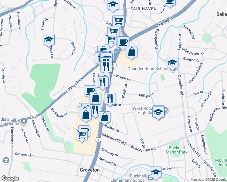 map of restaurants, bars, coffee shops, grocery stores, and more near 6425 Richmond Highway in Alexandria