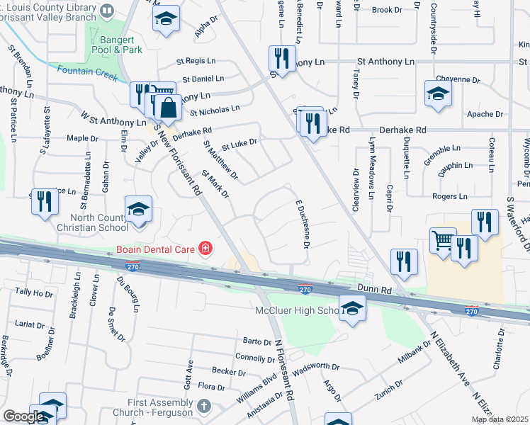 map of restaurants, bars, coffee shops, grocery stores, and more near 16 Saint Margaret Court in Florissant