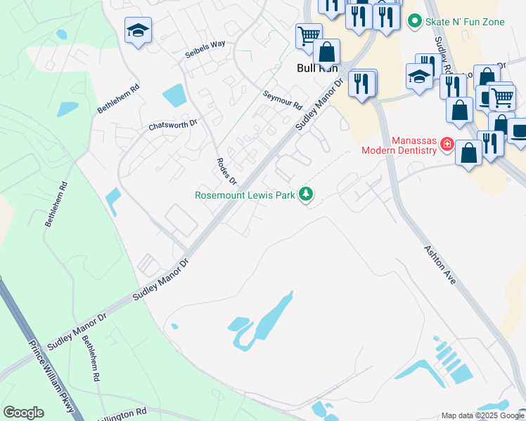 map of restaurants, bars, coffee shops, grocery stores, and more near 8308 Singleton Terrace in Manassas