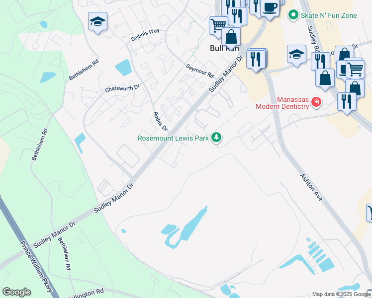 map of restaurants, bars, coffee shops, grocery stores, and more near 8308 Singleton Terrace in Manassas