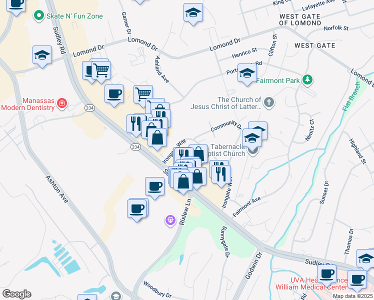 map of restaurants, bars, coffee shops, grocery stores, and more near 10215 Farragut Court in Manassas