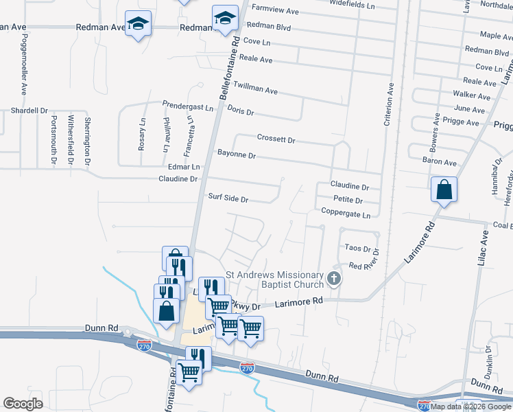 map of restaurants, bars, coffee shops, grocery stores, and more near 11231 Marbella Drive in St. Louis