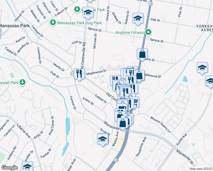 map of restaurants, bars, coffee shops, grocery stores, and more near 8262 Vermont Place in Manassas