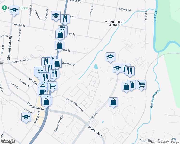map of restaurants, bars, coffee shops, grocery stores, and more near 8214 Frog Hollow Court in Manassas