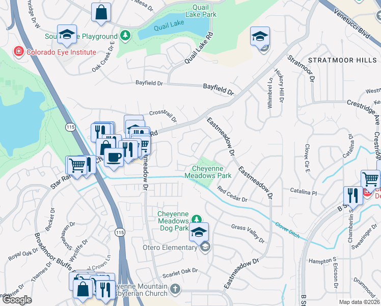 map of restaurants, bars, coffee shops, grocery stores, and more near 3735 Strawberry Field Grove in Colorado Springs