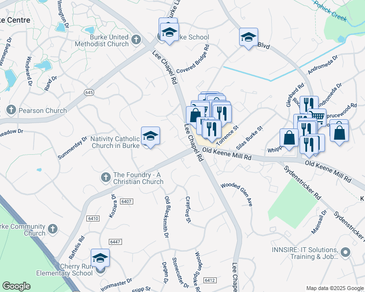 map of restaurants, bars, coffee shops, grocery stores, and more near 6360 Tisbury Drive in Burke