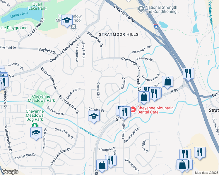 map of restaurants, bars, coffee shops, grocery stores, and more near 33 Minden Circle in Colorado Springs