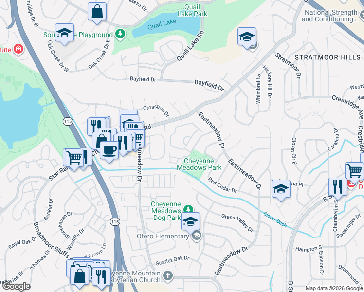 map of restaurants, bars, coffee shops, grocery stores, and more near 3750 Strawberry Field Grove in Colorado Springs