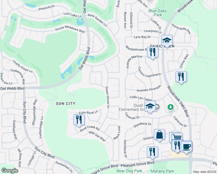 map of restaurants, bars, coffee shops, grocery stores, and more near 5501 Lantern Grove Lane in Roseville