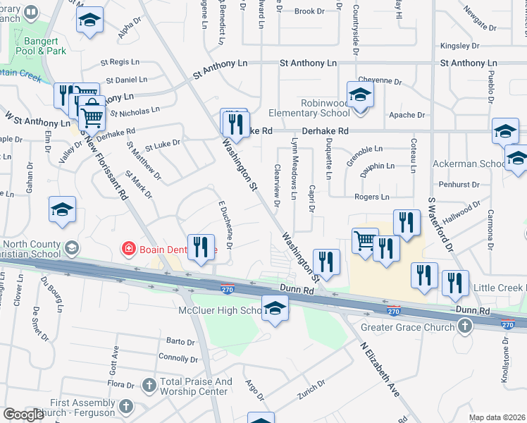 map of restaurants, bars, coffee shops, grocery stores, and more near 9 Saint James Court in Florissant