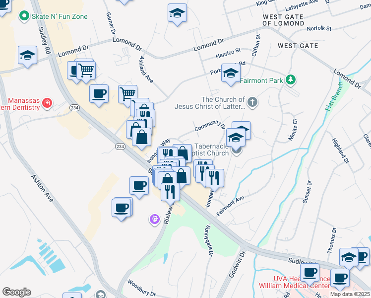 map of restaurants, bars, coffee shops, grocery stores, and more near 10177 Irongate Way in Manassas