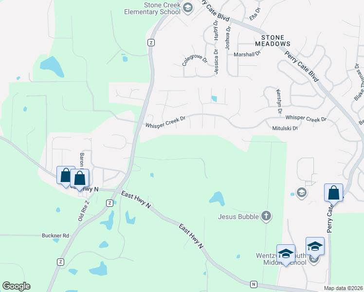 map of restaurants, bars, coffee shops, grocery stores, and more near 99 Green Meadows Drive in Wentzville