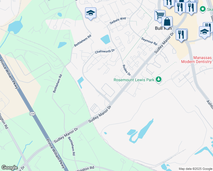 map of restaurants, bars, coffee shops, grocery stores, and more near 11231 Wortham Crest Cir in Manassas