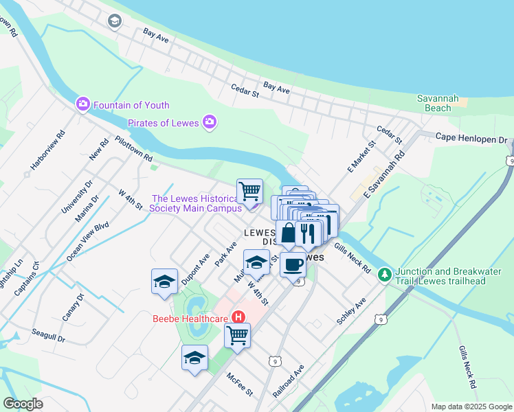 map of restaurants, bars, coffee shops, grocery stores, and more near 242 2nd Street in Lewes