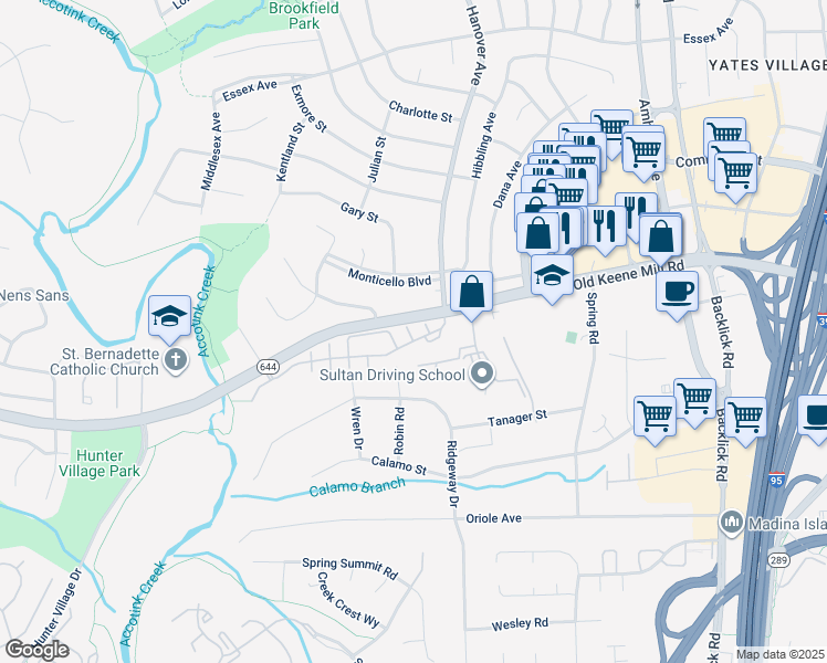 map of restaurants, bars, coffee shops, grocery stores, and more near 6509 Serenade Place in Springfield