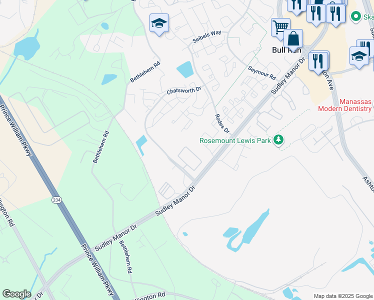 map of restaurants, bars, coffee shops, grocery stores, and more near 11231 Wortham Crest Cir in Manassas