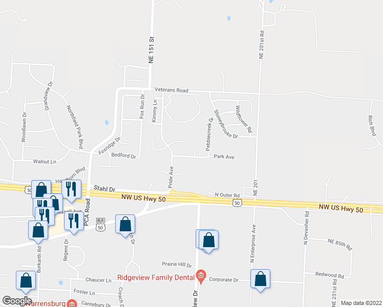 map of restaurants, bars, coffee shops, grocery stores, and more near 1100A Casey Court in Warrensburg