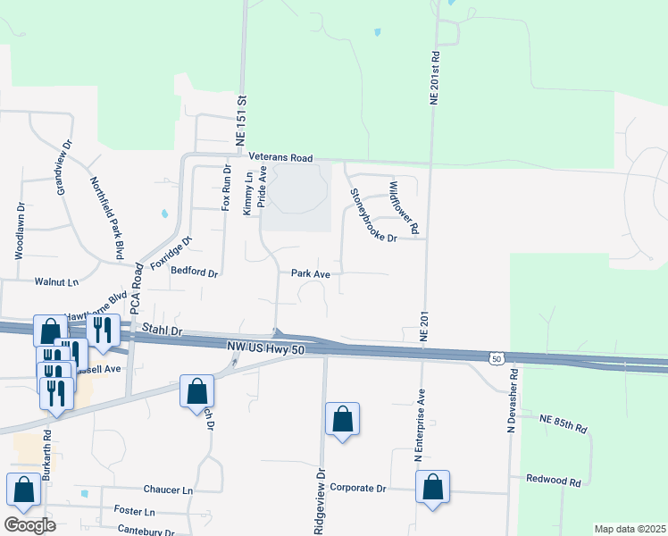 map of restaurants, bars, coffee shops, grocery stores, and more near 1196 Pebblecreek Drive in Warrensburg