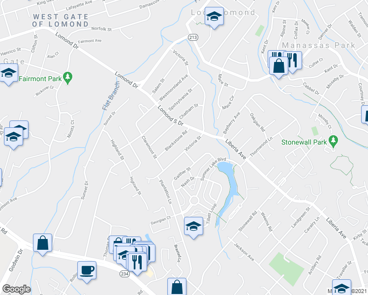 map of restaurants, bars, coffee shops, grocery stores, and more near 9412 Victoria Street in Manassas