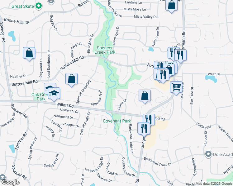 map of restaurants, bars, coffee shops, grocery stores, and more near 36 Delray Court in St. Peters