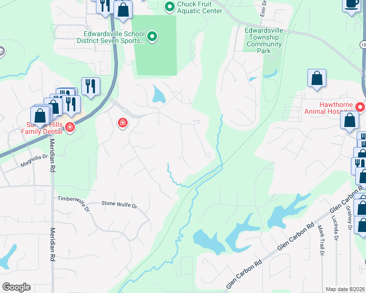 map of restaurants, bars, coffee shops, grocery stores, and more near 18 Ginger Ridge Lane in Glen Carbon