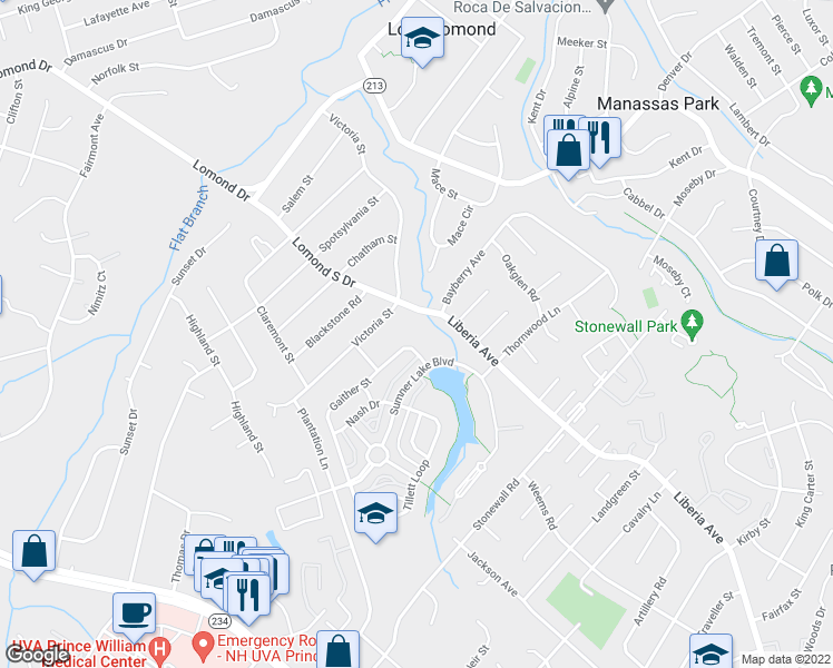 map of restaurants, bars, coffee shops, grocery stores, and more near 8305 Gaither Street in Manassas