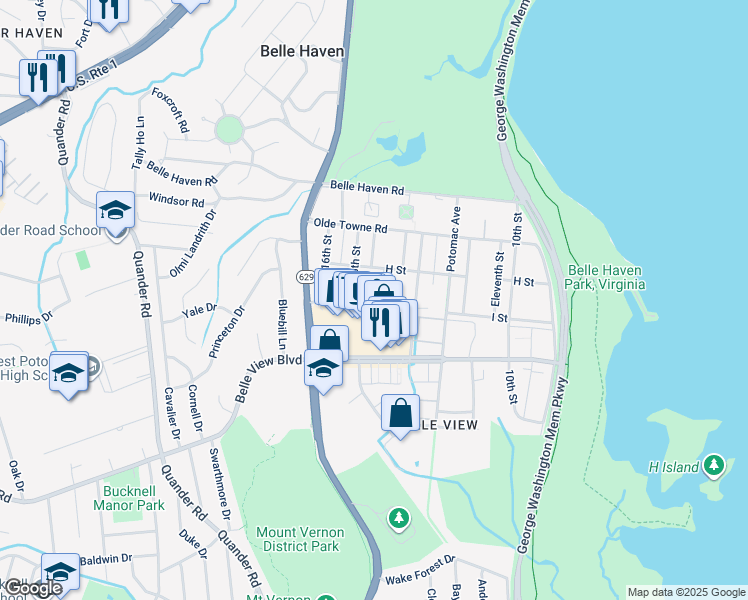 map of restaurants, bars, coffee shops, grocery stores, and more near 6430 14th Street in Alexandria