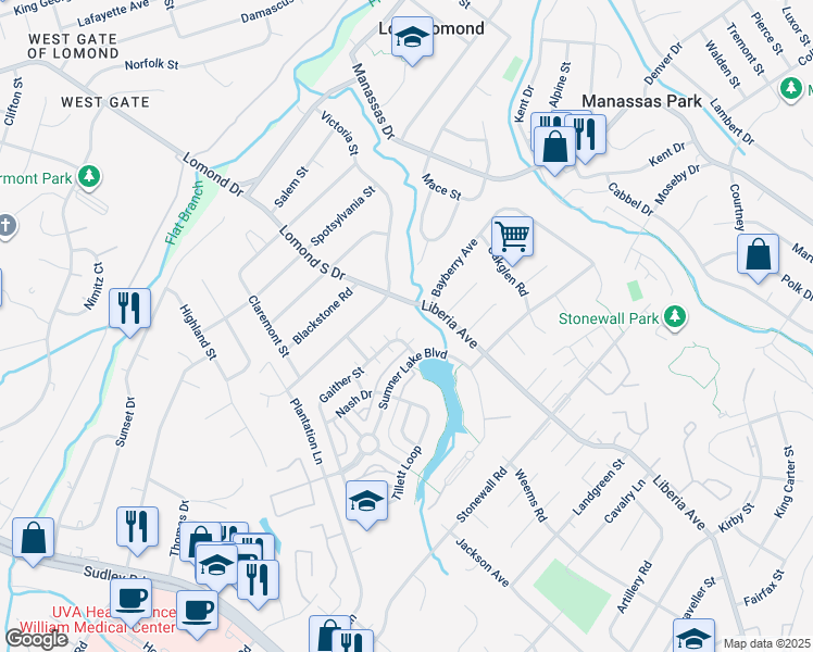 map of restaurants, bars, coffee shops, grocery stores, and more near 8305 Gaither Street in Manassas
