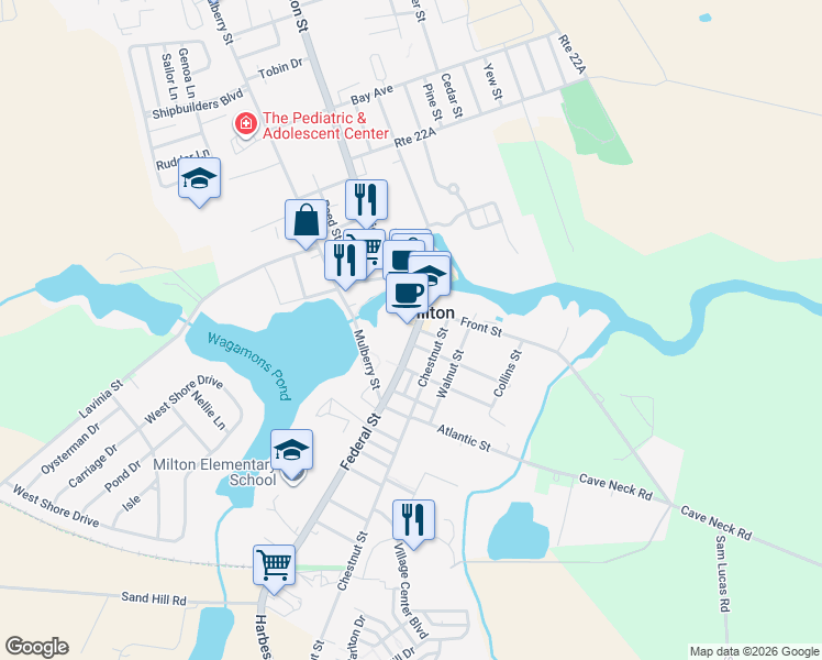 map of restaurants, bars, coffee shops, grocery stores, and more near 112 Federal Street in Milton