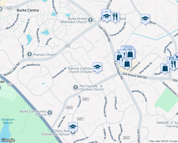 map of restaurants, bars, coffee shops, grocery stores, and more near 6401 4 Oaks Lane in Burke