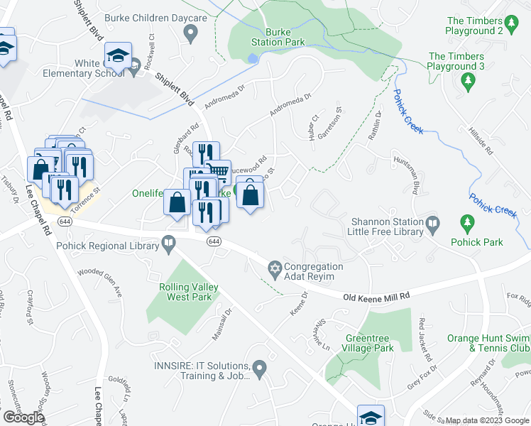 map of restaurants, bars, coffee shops, grocery stores, and more near 6428 Birch Leaf Court in Burke