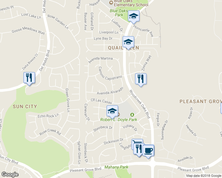 map of restaurants, bars, coffee shops, grocery stores, and more near 1813 Vía Invierno in Roseville