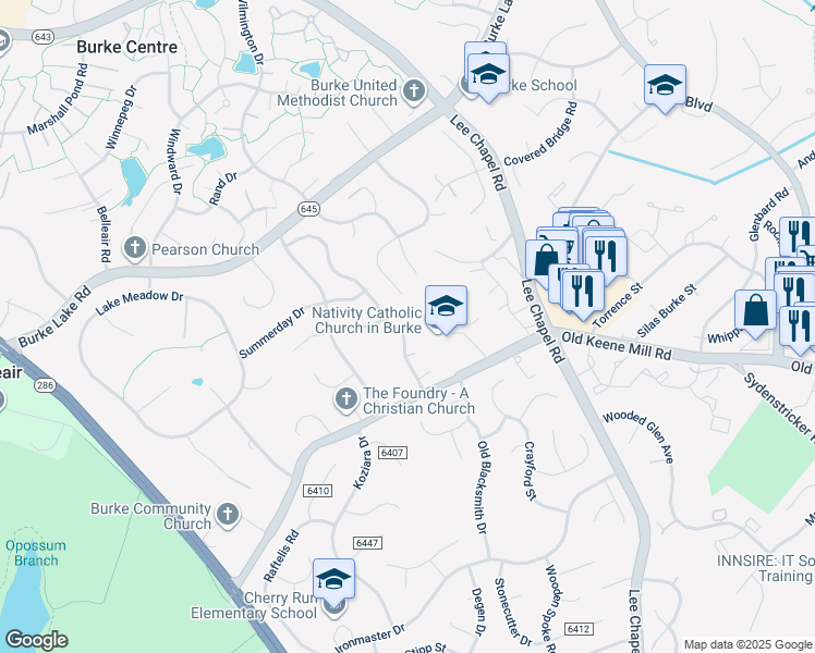 map of restaurants, bars, coffee shops, grocery stores, and more near 6401 4 Oaks Lane in Burke