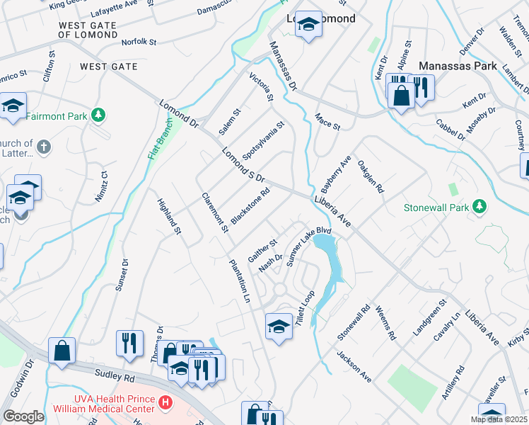 map of restaurants, bars, coffee shops, grocery stores, and more near 9412 Victoria Street in Manassas