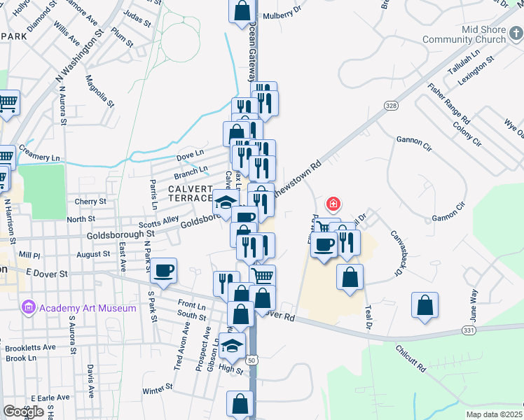 map of restaurants, bars, coffee shops, grocery stores, and more near 8305 Ocean Gateway in Easton