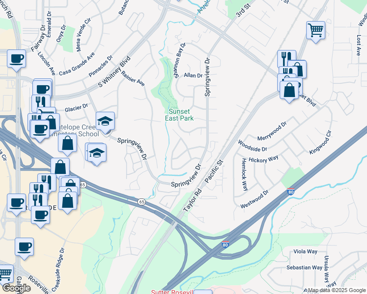 map of restaurants, bars, coffee shops, grocery stores, and more near 5924 Meadowdale Drive in Rocklin