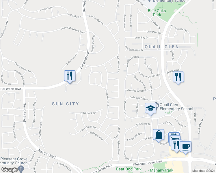 map of restaurants, bars, coffee shops, grocery stores, and more near 5501 Lantern Grove Lane in Roseville