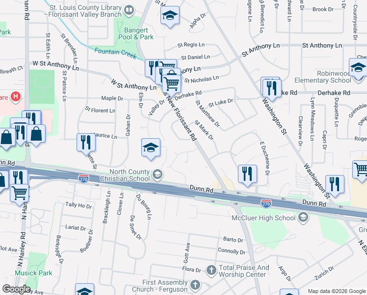 map of restaurants, bars, coffee shops, grocery stores, and more near 6 Claire Drive in Florissant
