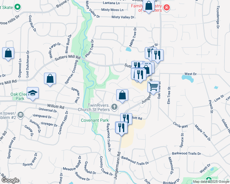 map of restaurants, bars, coffee shops, grocery stores, and more near 762 Highland Hill Court in St. Peters