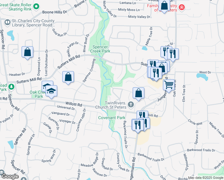 map of restaurants, bars, coffee shops, grocery stores, and more near 36 Delray Court in St. Peters