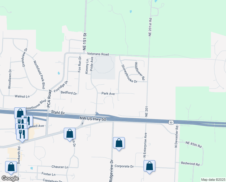 map of restaurants, bars, coffee shops, grocery stores, and more near 1196 Pebblecreek Drive in Warrensburg