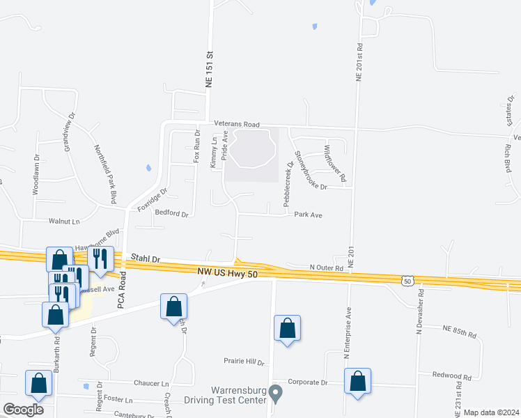 map of restaurants, bars, coffee shops, grocery stores, and more near 1100A Casey Court in Warrensburg