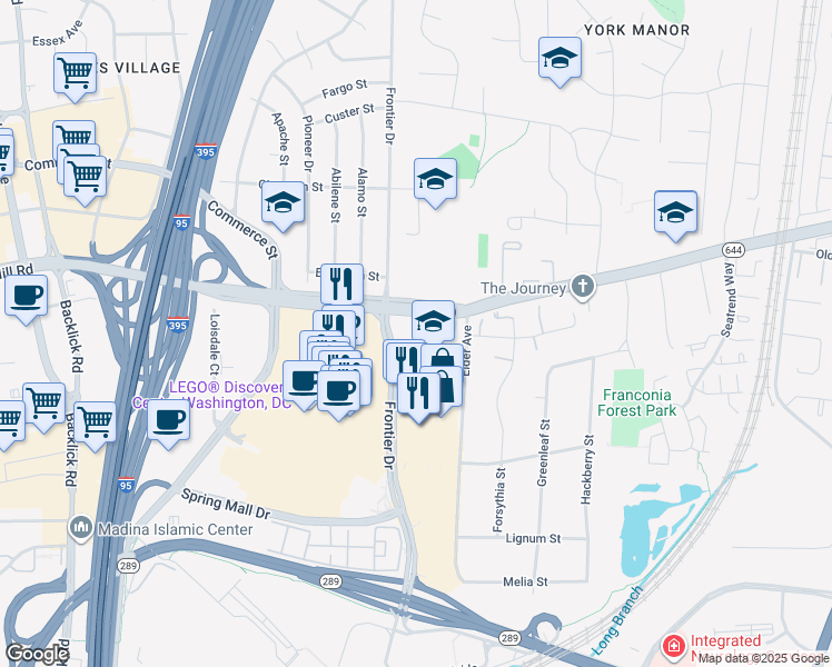 map of restaurants, bars, coffee shops, grocery stores, and more near 6541 Franconia Road in Springfield