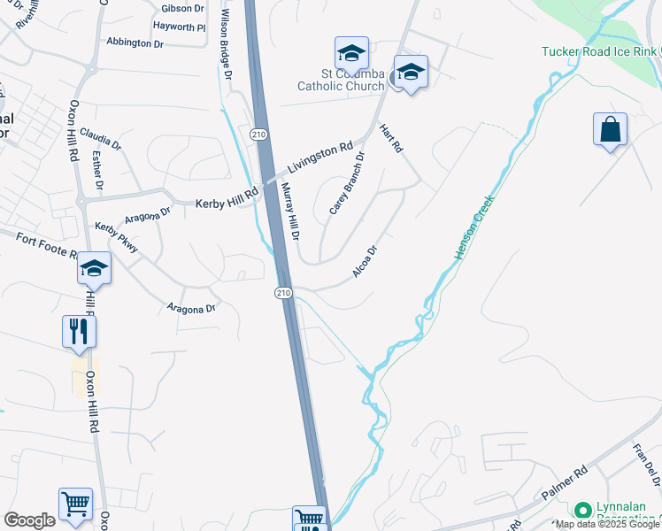map of restaurants, bars, coffee shops, grocery stores, and more near 8127 Murray Hill Drive in Fort Washington