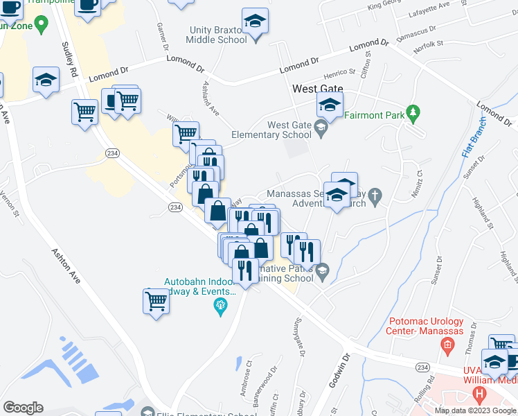 map of restaurants, bars, coffee shops, grocery stores, and more near 10187 Farragut Court in Manassas