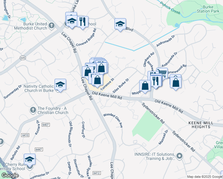 map of restaurants, bars, coffee shops, grocery stores, and more near 6408 Silas Burke Street in Burke