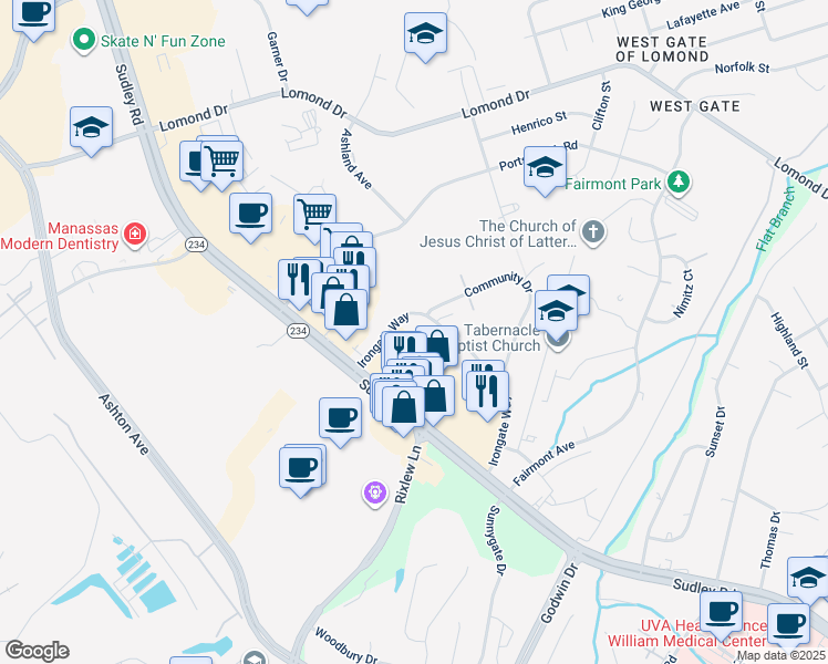 map of restaurants, bars, coffee shops, grocery stores, and more near 10221 Farragut Court in Manassas