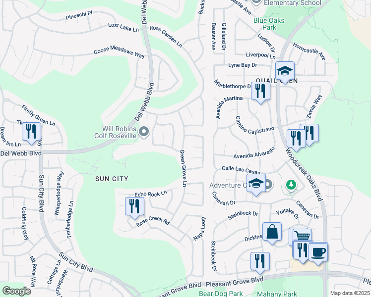 map of restaurants, bars, coffee shops, grocery stores, and more near 5194 Green Grove Lane in Roseville